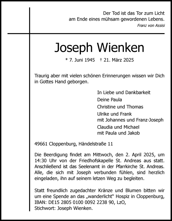 Anzeige von Joseph Wienken von OM-Medien