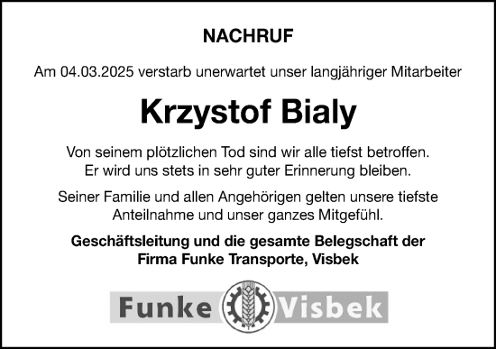 Anzeige von Krzystof Bialy von OM-Medien
