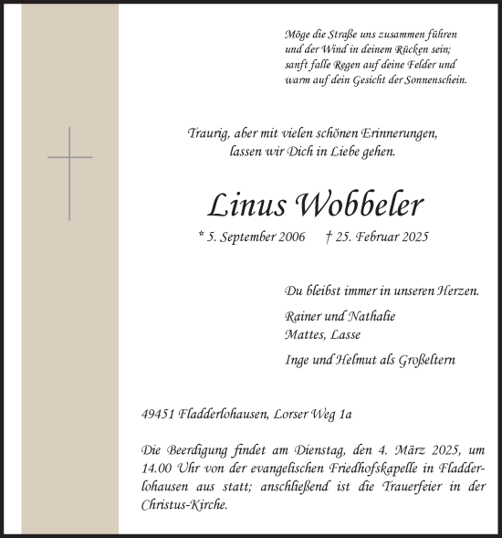 Anzeige von Linus Wobbeler von OM-Medien