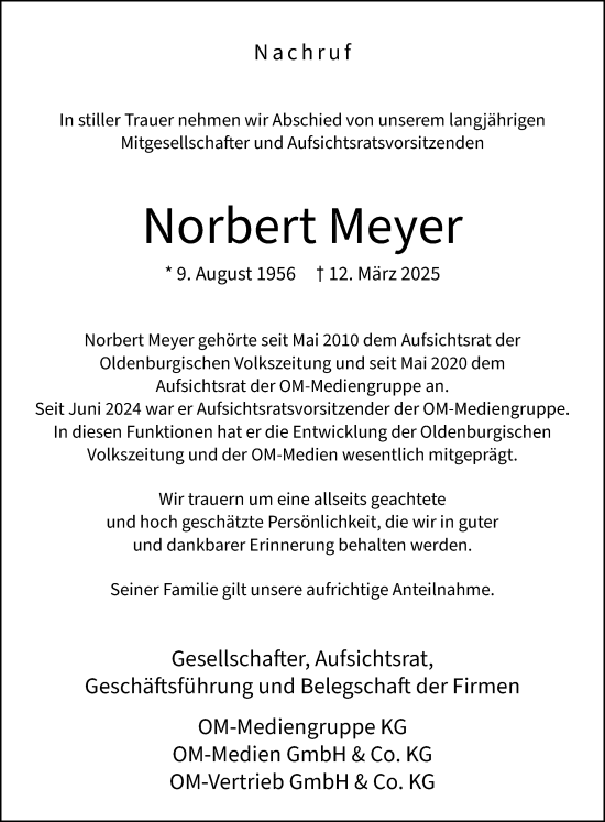Anzeige von Norbert Meyer von OM-Medien
