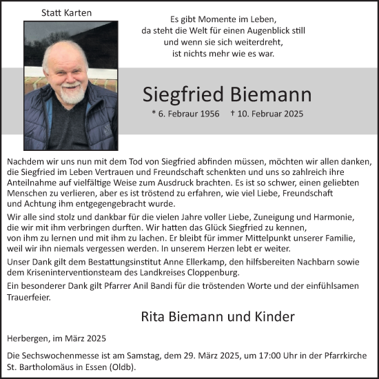 Anzeige von Siegfried Biemann von OM-Medien
