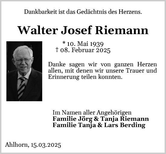 Anzeige von Walter Josef Riemann von OM-Medien