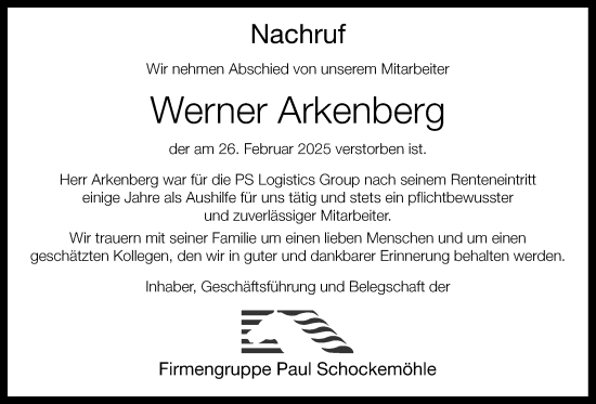Anzeige von Werner Arkenberg von OM-Medien