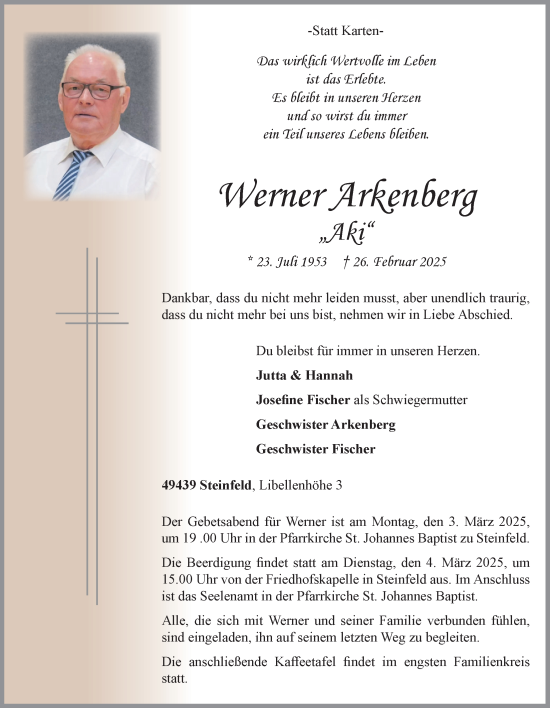 Anzeige von Werner Arkenberg von OM-Medien