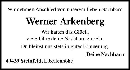 Anzeige von Werner Arkenberg von OM-Medien