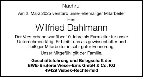 Anzeige von Wilfried Dahlmann von OM-Medien
