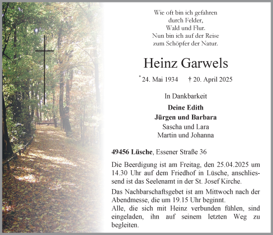 Anzeige von Heinz Garwels  von om-medien