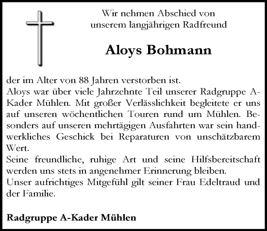 Anzeige von Aloys Bohmann  von OM-Medien