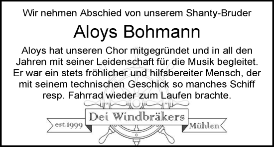 Anzeige von Aloys Bohmann von OM-Medien