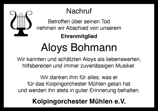 Anzeige von Aloys Bohmann von OM-Medien