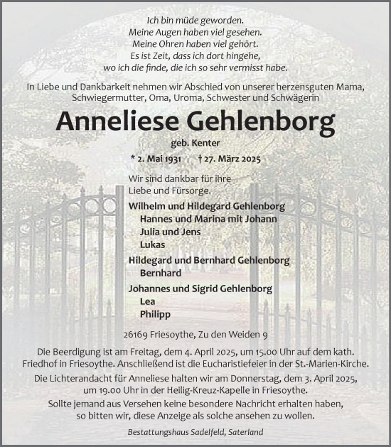 Anzeige von Anneliese Gehlenborg von OM-Medien