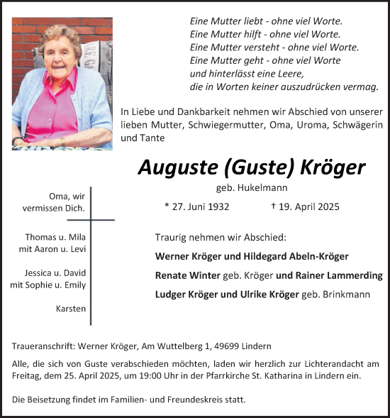 Anzeige von Auguste Kröger von OM-Medien