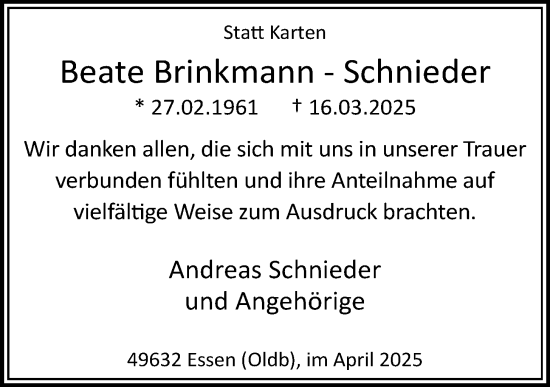 Anzeige von Beate Brinkmann-Schnieder von OM-Medien