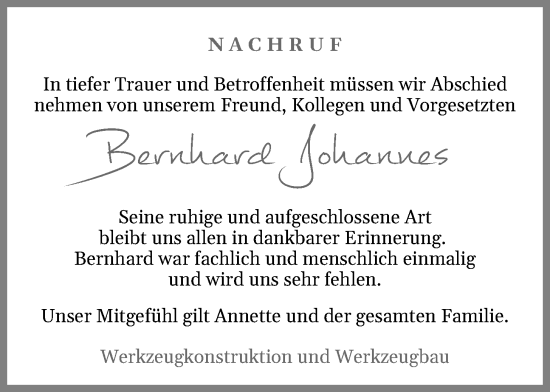 Anzeige von Bernhard Johannes von OM-Medien