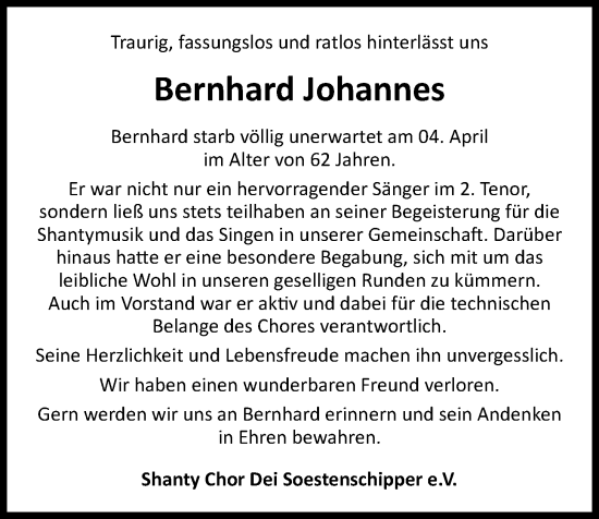 Anzeige von Bernhard Johannes von OM-Medien