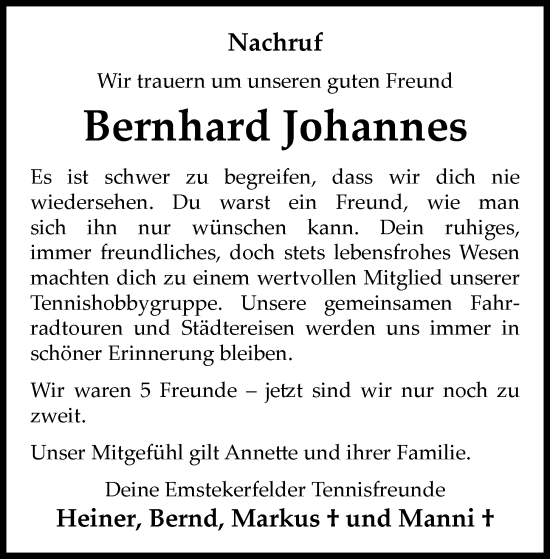 Anzeige von Bernhard Johannes von OM-Medien