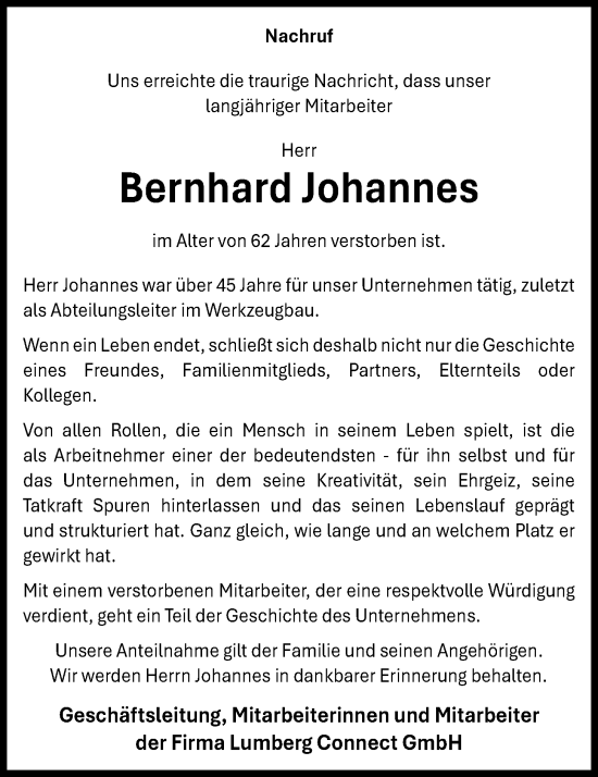 Anzeige von Bernhard Johannes von OM-Medien