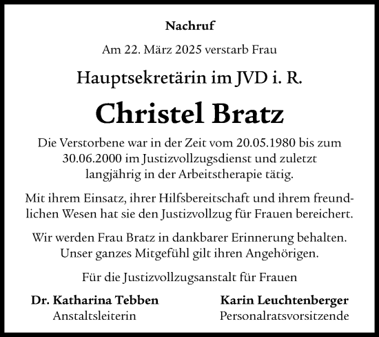 Anzeige von Christel Bratz von OM-Medien