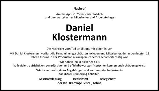 Anzeige von Daniel Klostermann von OM-Medien