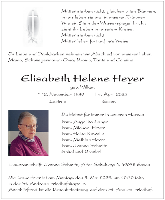Anzeige von Elisabeth Helene Heyer von OM-Medien