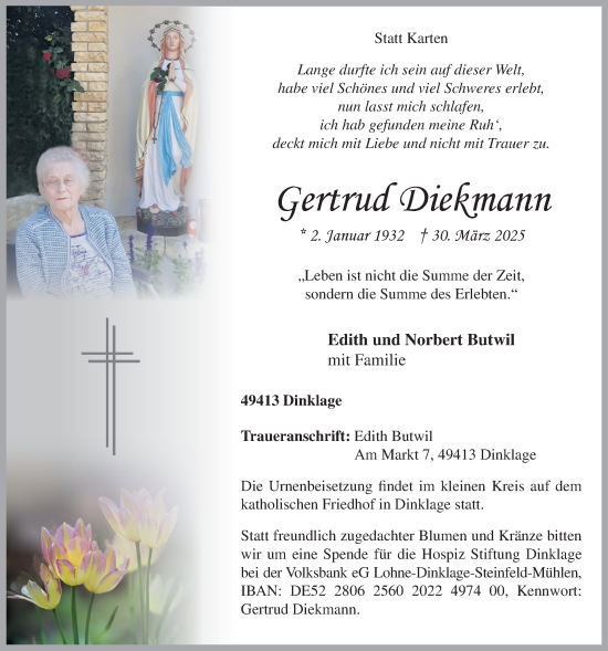 Anzeige von Gertrud Diekmann von OM-Medien