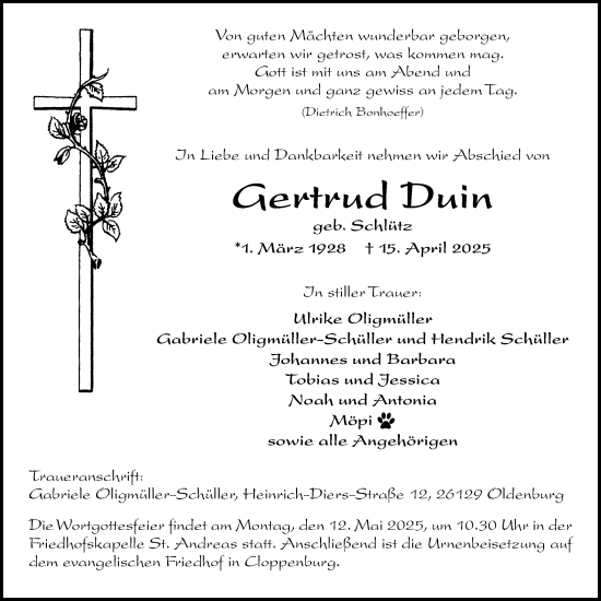 Anzeige von Gertrud Duin von OM-Medien