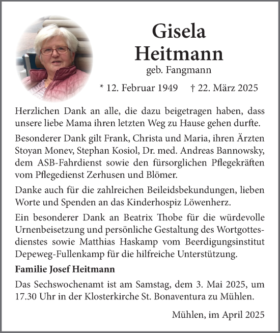 Anzeige von Gisela Heitmann von OM-Medien