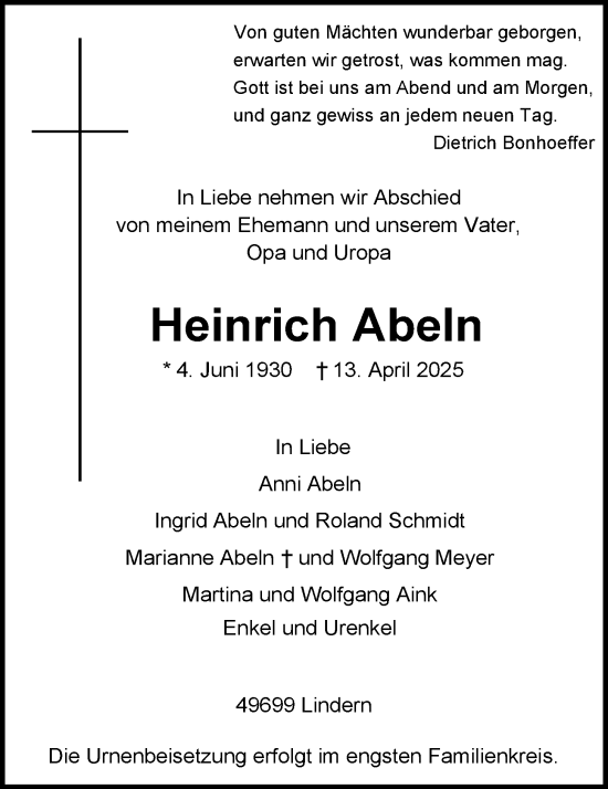 Anzeige von Heinrich Abeln von OM-Medien