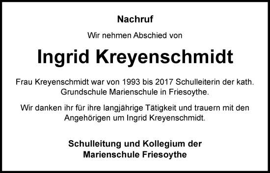 Anzeige von Ingrid Kreyenschmidt von OM-Medien