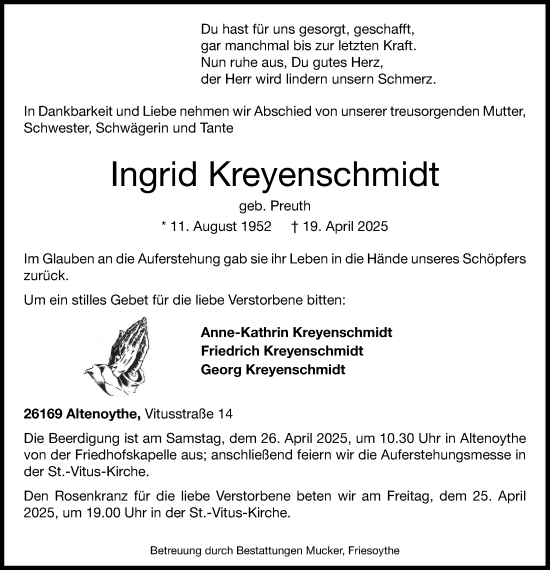 Anzeige von Ingrid Kreyenschmidt von OM-Medien