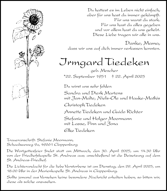 Anzeige von Irmgard Tiedeken von OM-Medien