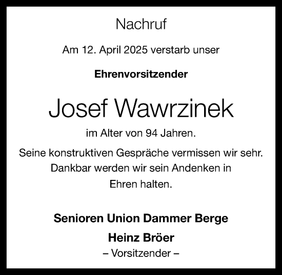 Anzeige von Josef Wawrzinek von OM-Medien