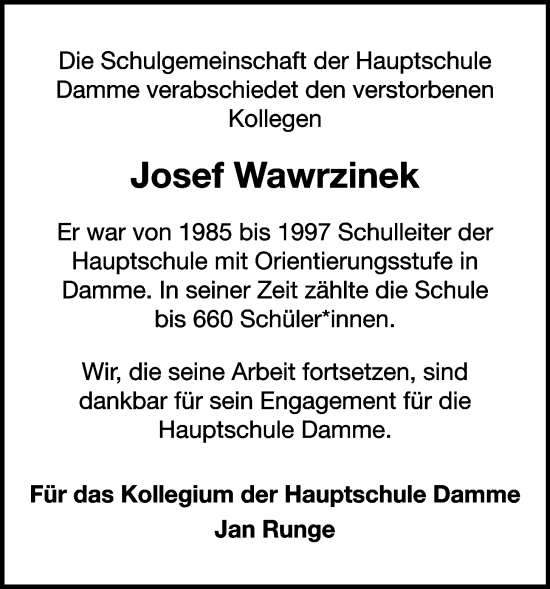 Anzeige von Josef Wawrzinek von OM-Medien