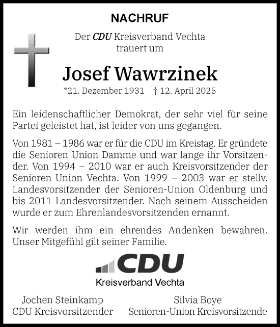 Anzeige von Josef Wawrzinek von OM-Medien
