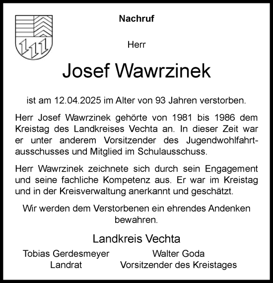 Anzeige von Josef Wawrzinek von OM-Medien