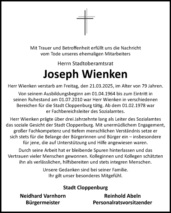 Anzeige von Joseph Wienken von OM-Medien