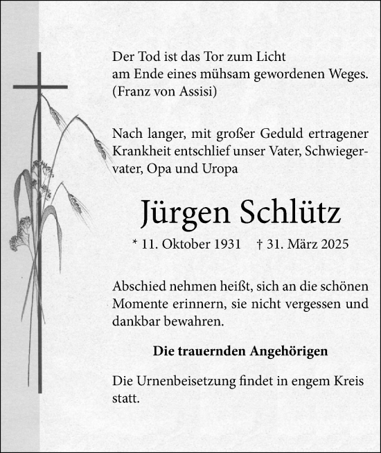 Anzeige von Jürgen Schlütz von OM-Medien