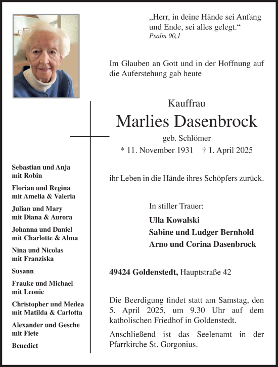 Anzeige von Marlies Dasenbrock von OM-Medien