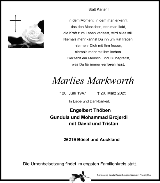 Anzeige von Marlies Markworth von OM-Medien