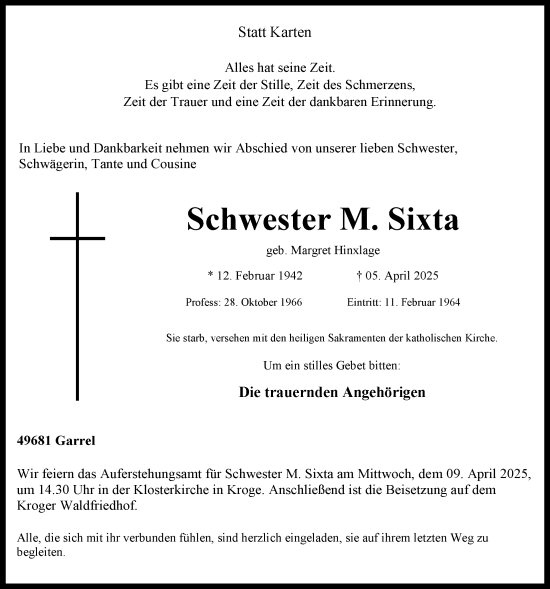 Anzeige von Schwester Sixta  von OM-Medien