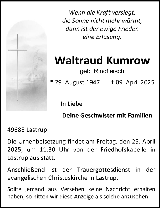 Anzeige von Waltraud Kumrow von OM-Medien