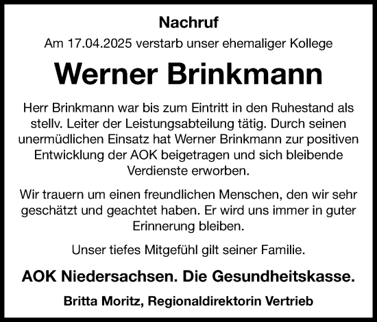 Anzeige von Werner Brinkmann von OM-Medien