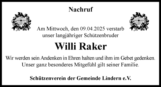 Anzeige von Willi Raker von OM-Medien