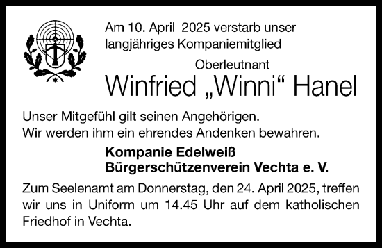 Anzeige von Winfried Hanel von OM-Medien
