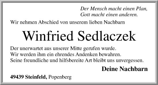 Anzeige von Winfried Sedlaczek von OM-Medien