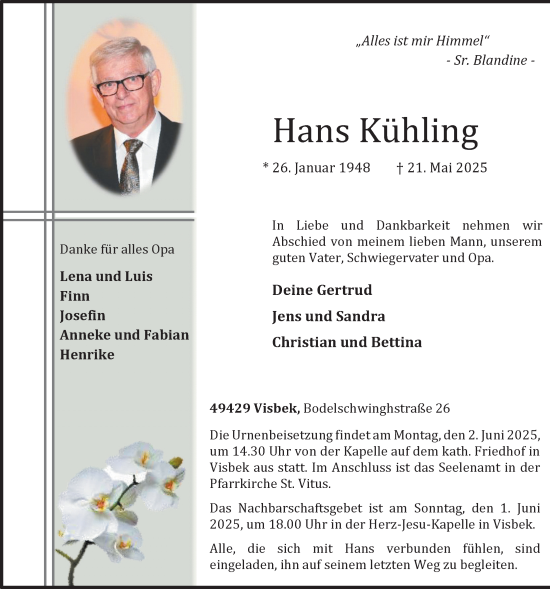 Anzeige von Hans Kühling  von OM-Medien