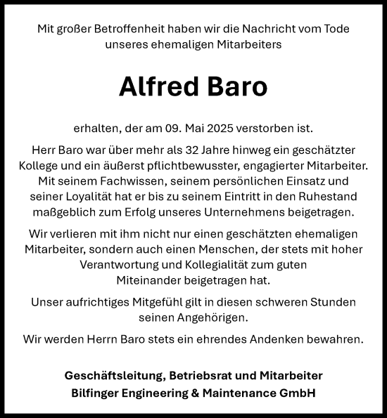 Anzeige von Alfred Baro von OM-Medien