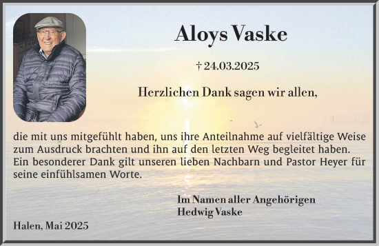 Anzeige von Aloys Vaske von OM-Medien