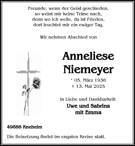 Anzeige von Anneliese Niemeyer von OM-Medien