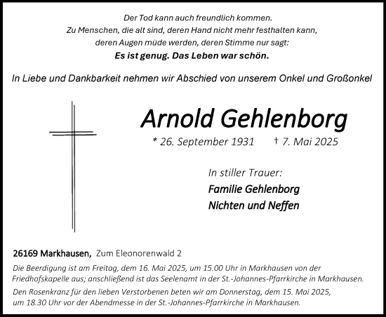 Anzeige von Arnold Gehlenborg von OM-Medien